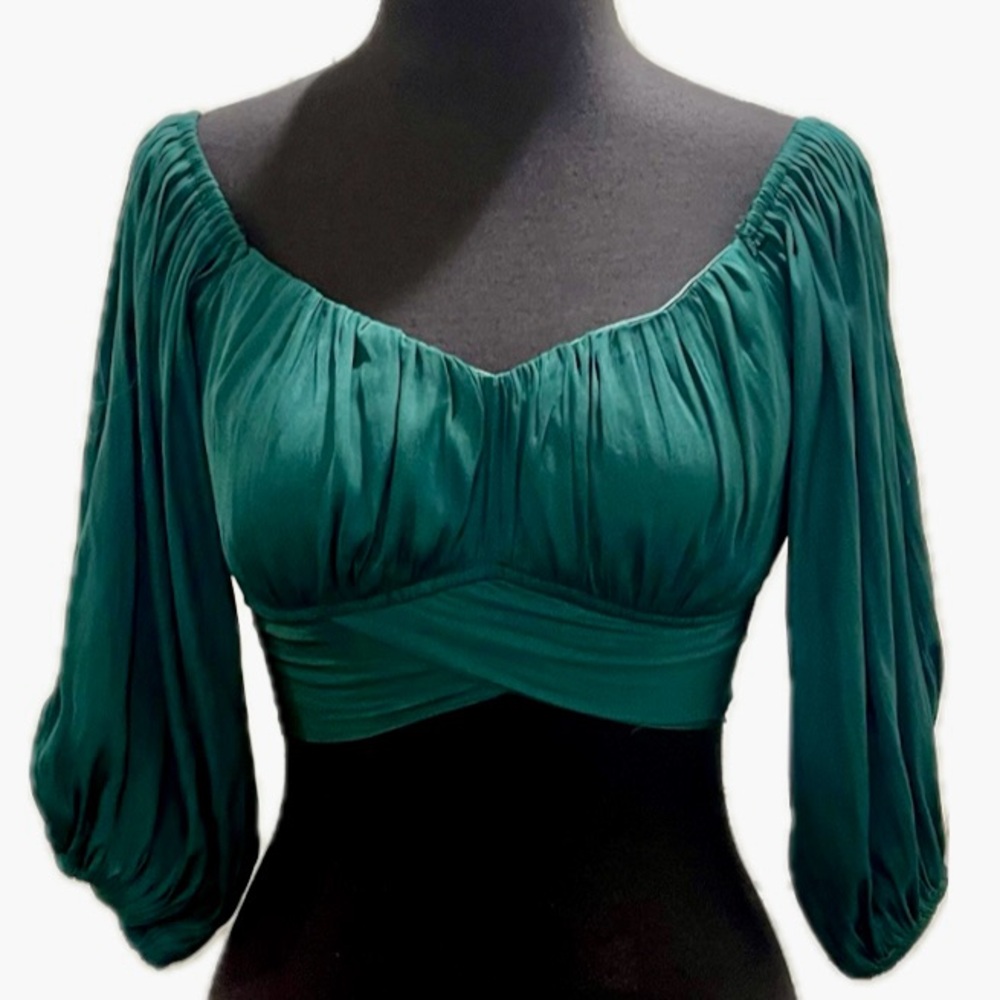 Edite Mode  Green Satin Off-Shoulder Top with Tie Waist